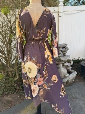 West Kei Asymmetrical Floral Wrap Dress in Plum and Yellow